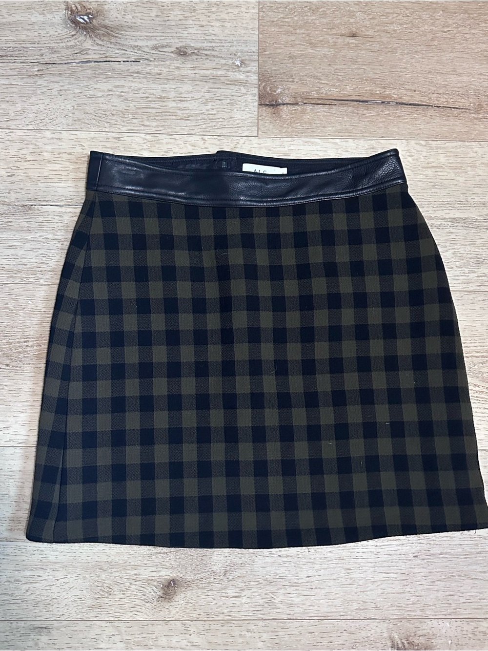 A.L.C. Plaid Mini Skirt with Faux Leather Waistband - Black & Olive